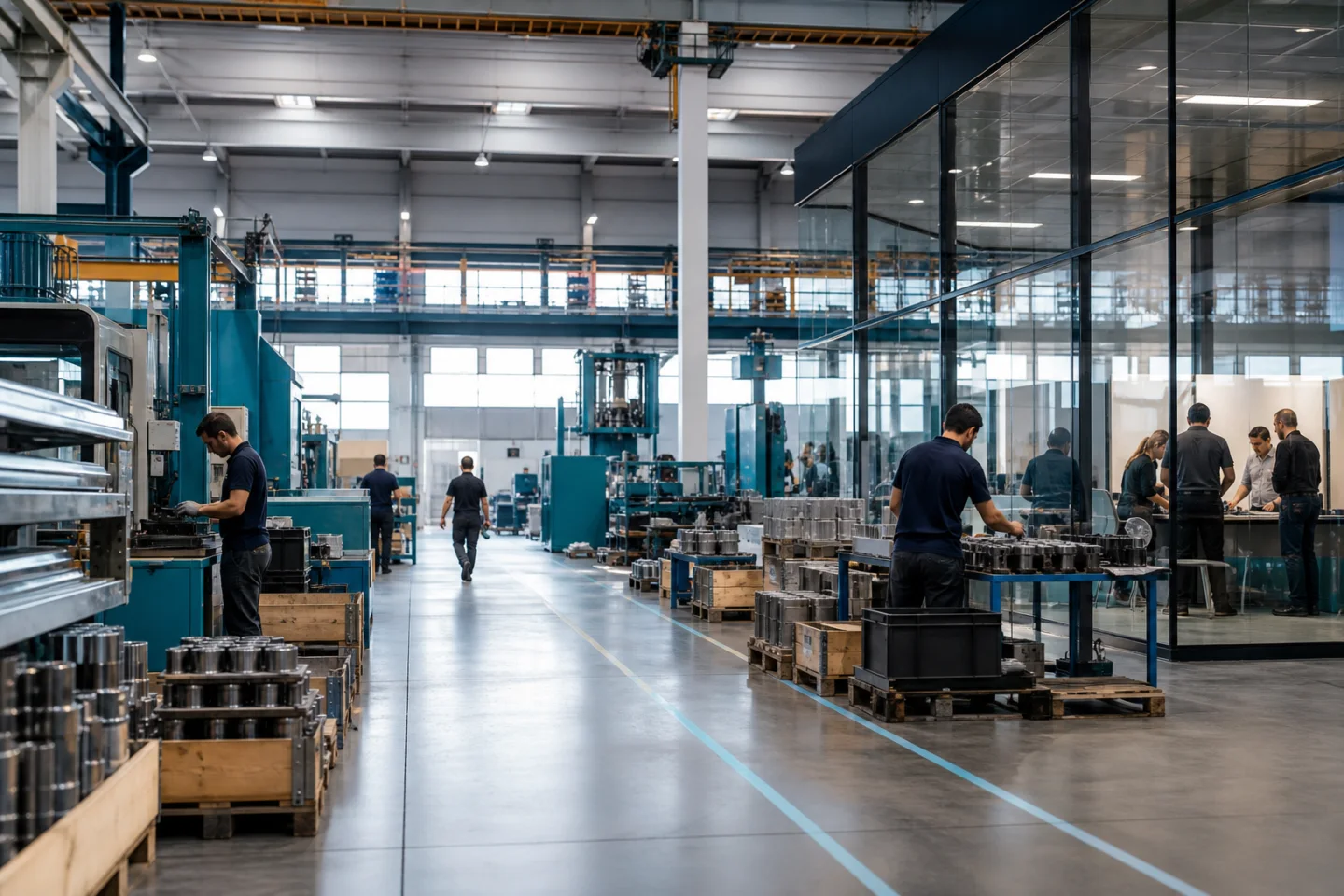 Üretim, stok ve planlama süreçlerinin birlikte yürütüldüğü modern fabrika ortamı