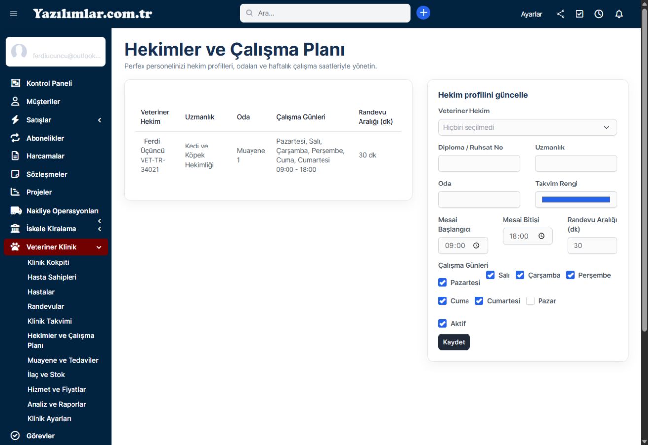Veteriner hekimleri ve haftalık çalışma saatlerini gösteren ekip planlama ekranı